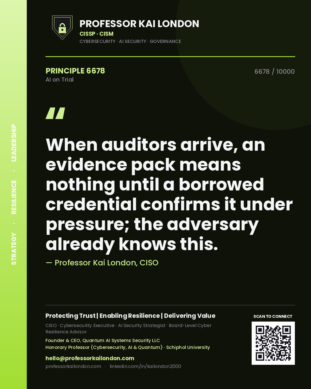 Quote card by Professor Kai London reading 'When auditors arrive, an evidence pack means nothing until a borrowed credential confirms it under pressure; the adversary already knows this.'. From the book AI on Trial.