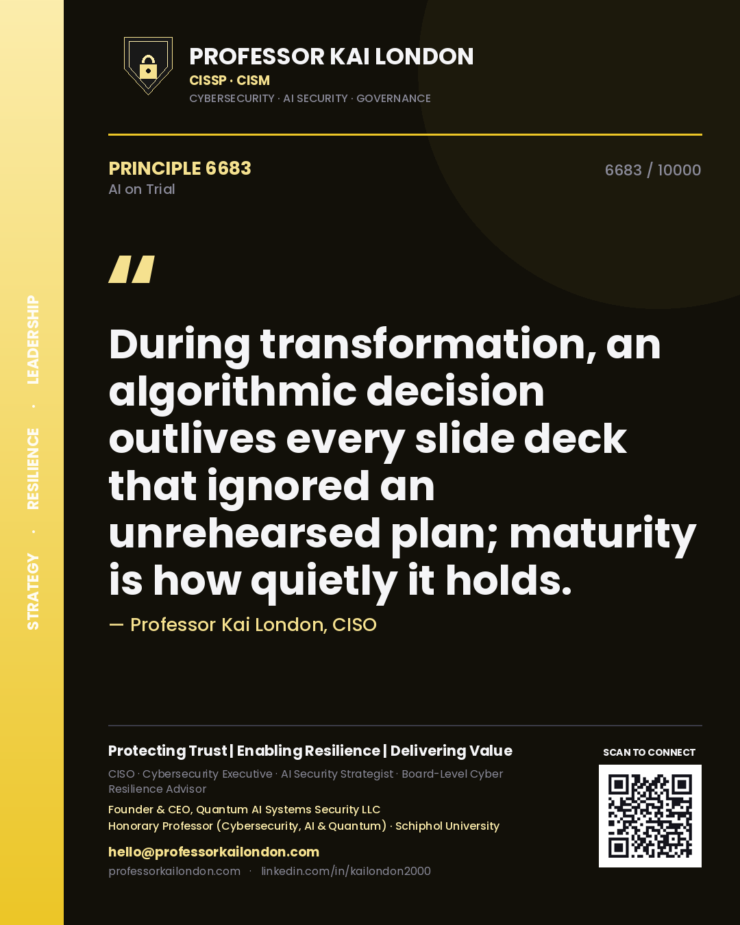 Professor Kai London principle 6683: During transformation, an algorithmic decision outlives every slide deck that ignored an unrehearsed plan; maturity is how quietly it holds.