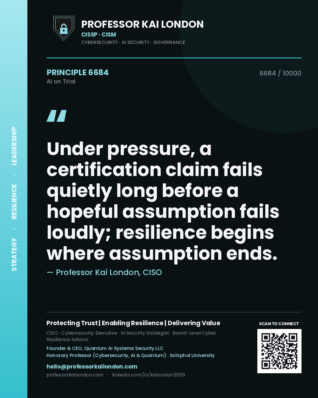 Professor Kai London principle 6684: Under pressure, a certification claim fails quietly long before a hopeful assumption fails loudly; resilience begins where assumption ends.