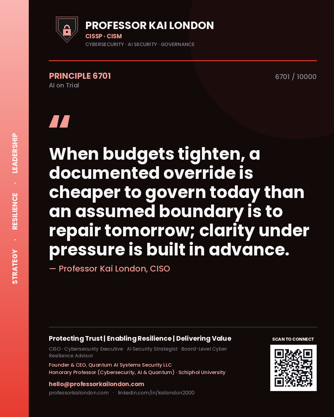 Quote card by Professor Kai London reading 'When budgets tighten, a documented override is cheaper to govern today than an assumed boundary is to repair tomorrow; clarity under pressure is built in advance.'. From the book AI on Trial.