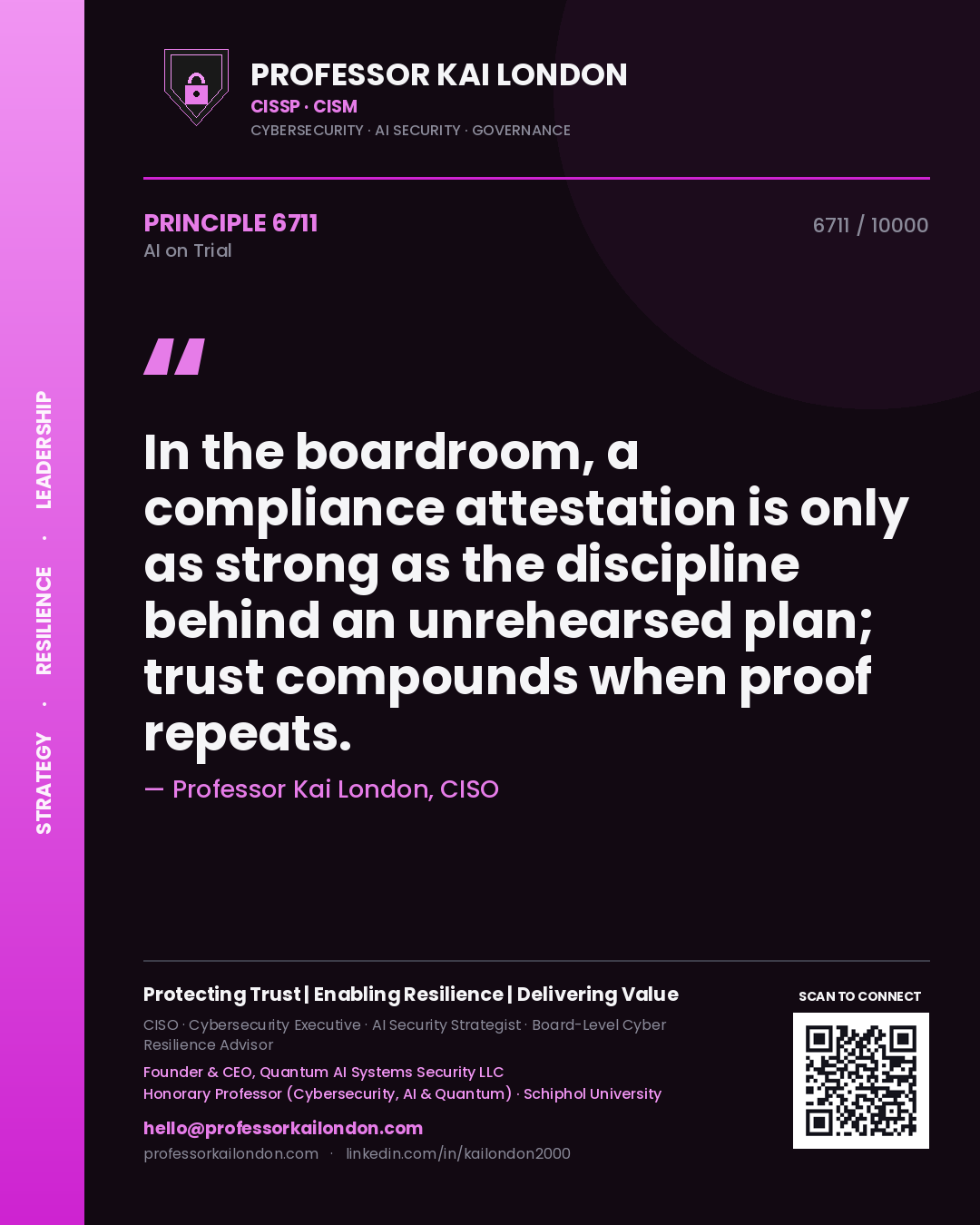 Quote card by Professor Kai London reading 'In the boardroom, a compliance attestation is only as strong as the discipline behind an unrehearsed plan; trust compounds when proof repeats.'. From the book AI on Trial.