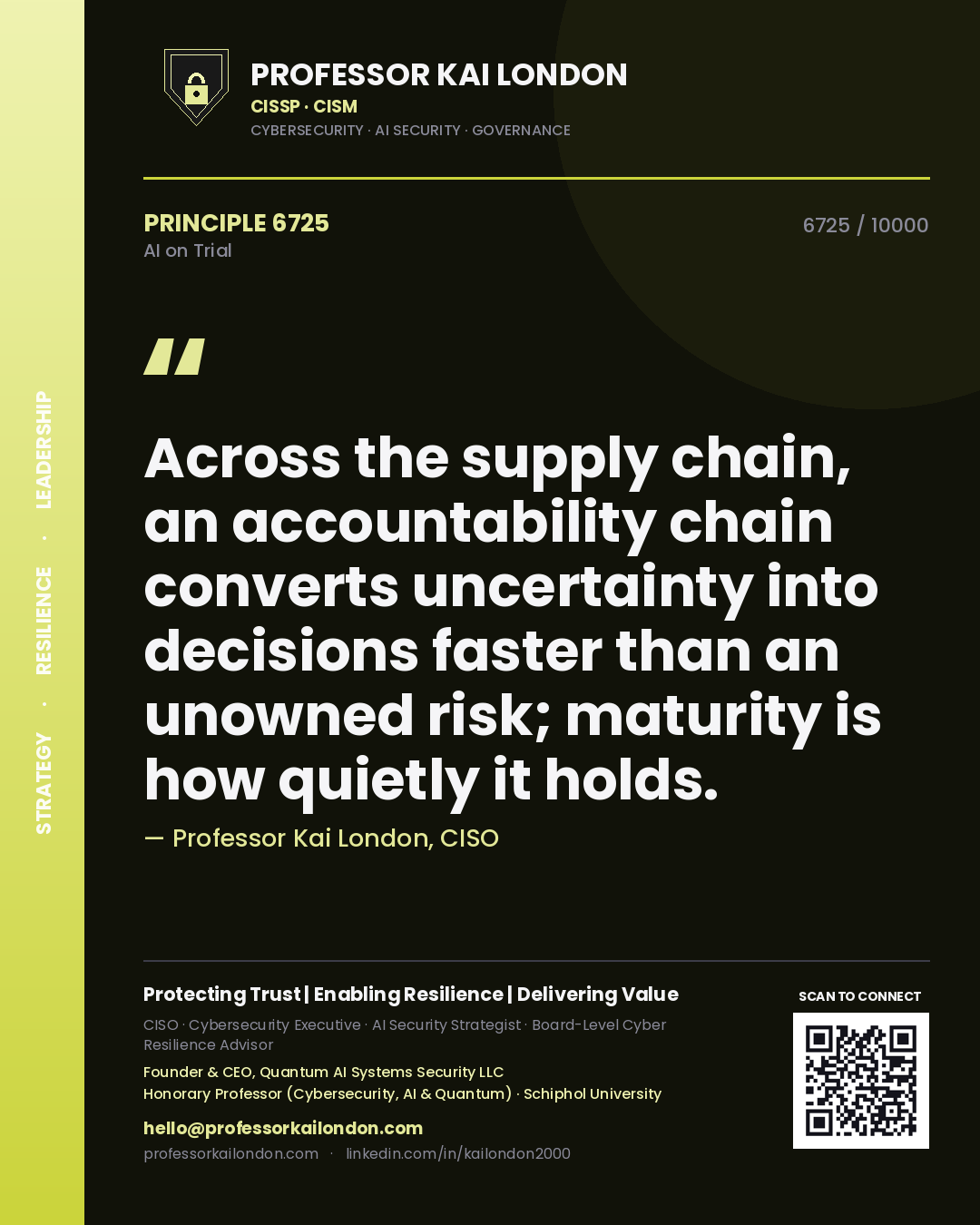 Quote card by Professor Kai London reading 'Across the supply chain, an accountability chain converts uncertainty into decisions faster than an unowned risk; maturity is how quietly it holds.'. From the book AI on Trial.