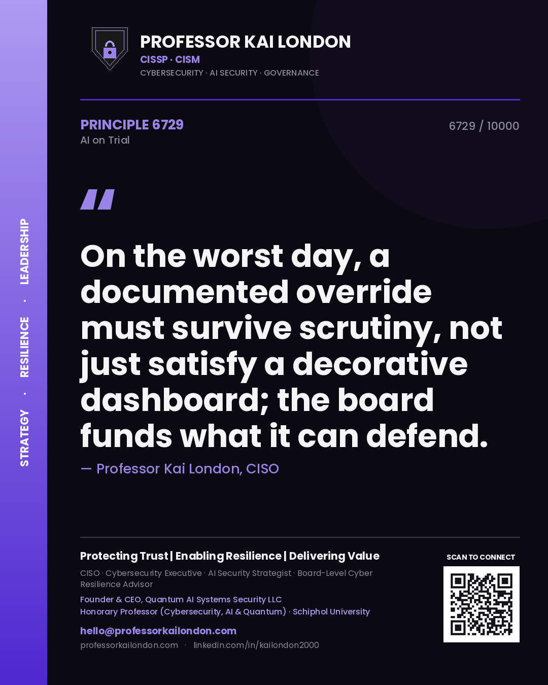 Quote card by Professor Kai London reading 'On the worst day, a documented override must survive scrutiny, not just satisfy a decorative dashboard; the board funds what it can defend.'. From the book AI on Trial.