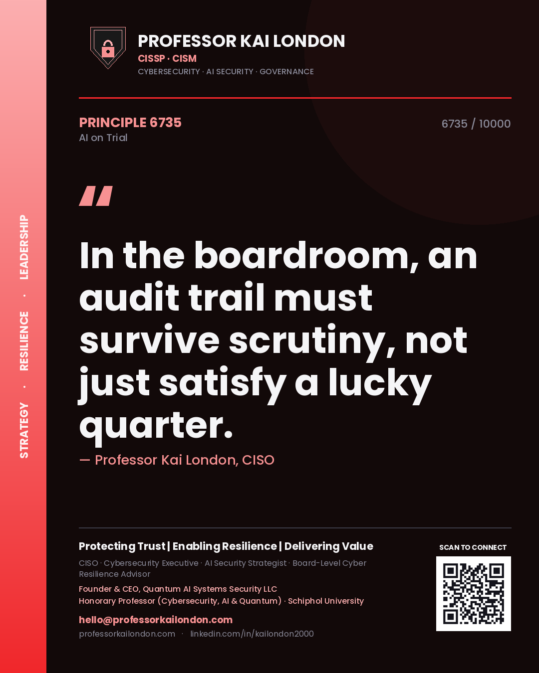 Professor Kai London principle 6735: In the boardroom, an audit trail must survive scrutiny, not just satisfy a lucky quarter.