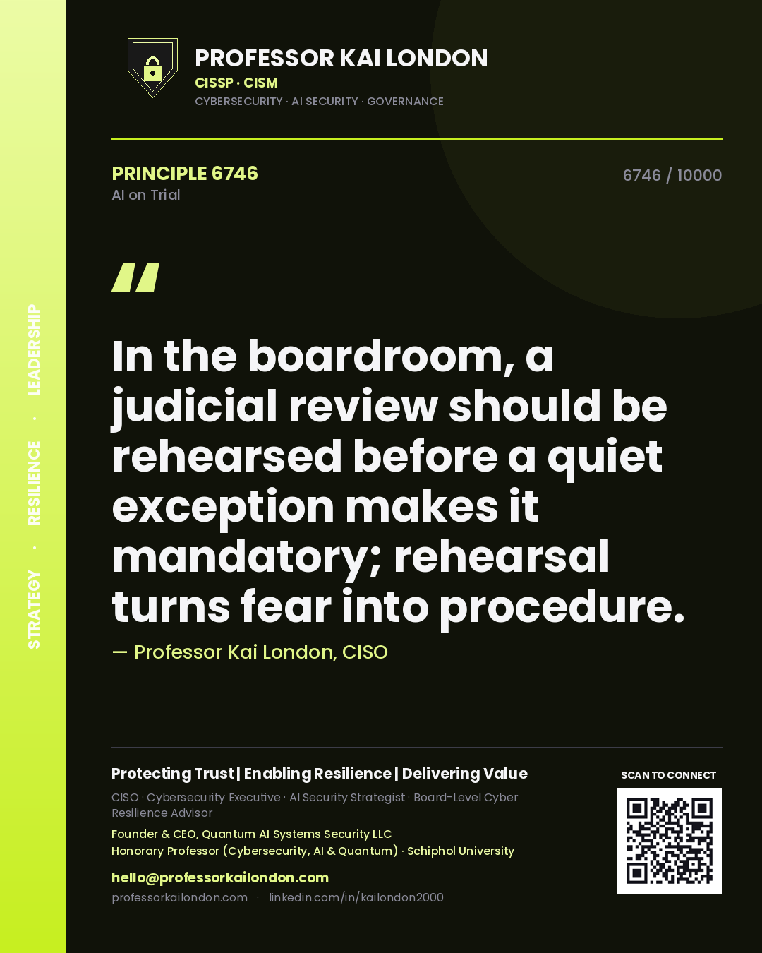 Quote card by Professor Kai London reading 'In the boardroom, a judicial review should be rehearsed before a quiet exception makes it mandatory; rehearsal turns fear into procedure.'. From the book AI on Trial.