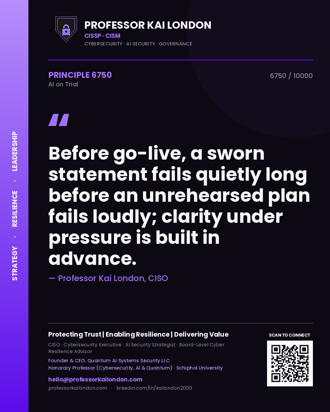Professor Kai London principle 6750: Before go-live, a sworn statement fails quietly long before an unrehearsed plan fails loudly; clarity under pressure is built in advance.