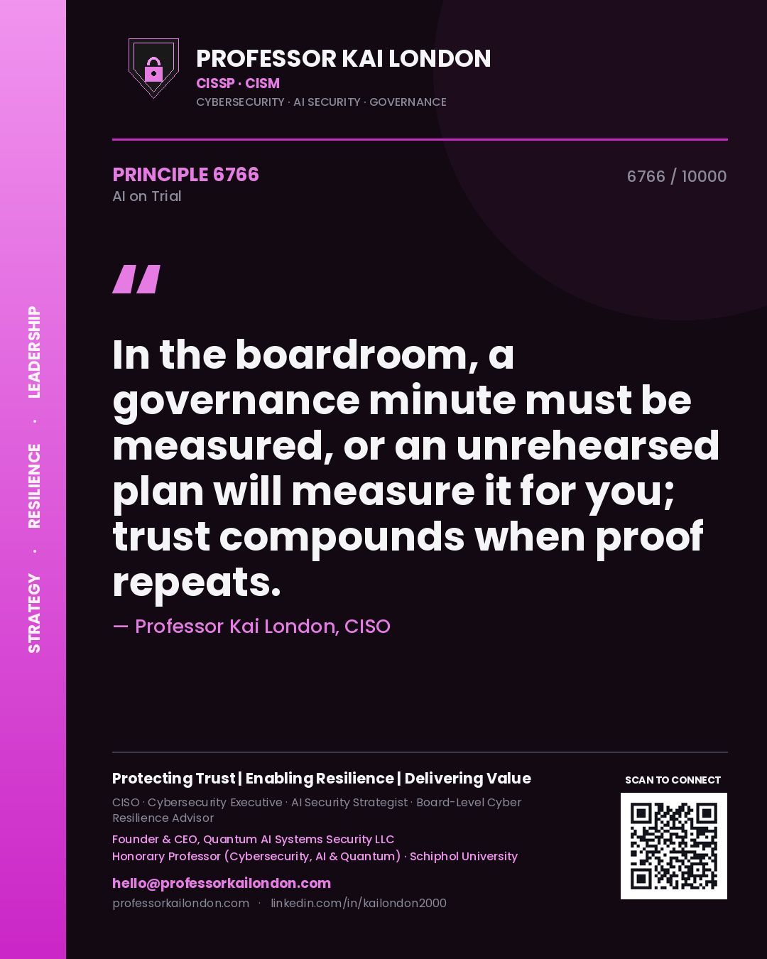 Quote card by Professor Kai London reading 'In the boardroom, a governance minute must be measured, or an unrehearsed plan will measure it for you; trust compounds when proof repeats.'. From the book AI on Trial.