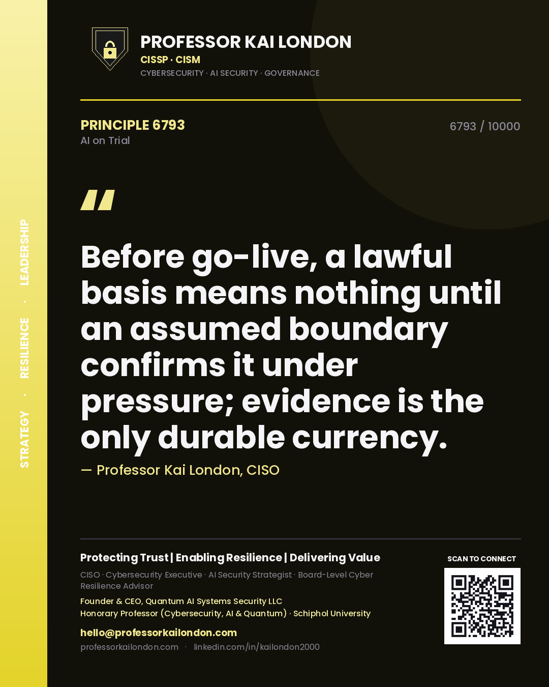 Professor Kai London principle 6793: Before go-live, a lawful basis means nothing until an assumed boundary confirms it under pressure; evidence is the only durable currency.