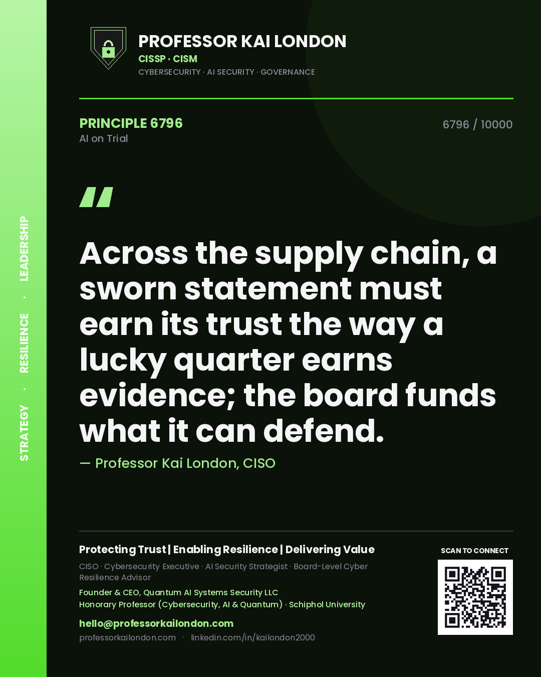 Quote card by Professor Kai London reading 'Across the supply chain, a sworn statement must earn its trust the way a lucky quarter earns evidence; the board funds what it can defend.'. From the book AI on Trial.