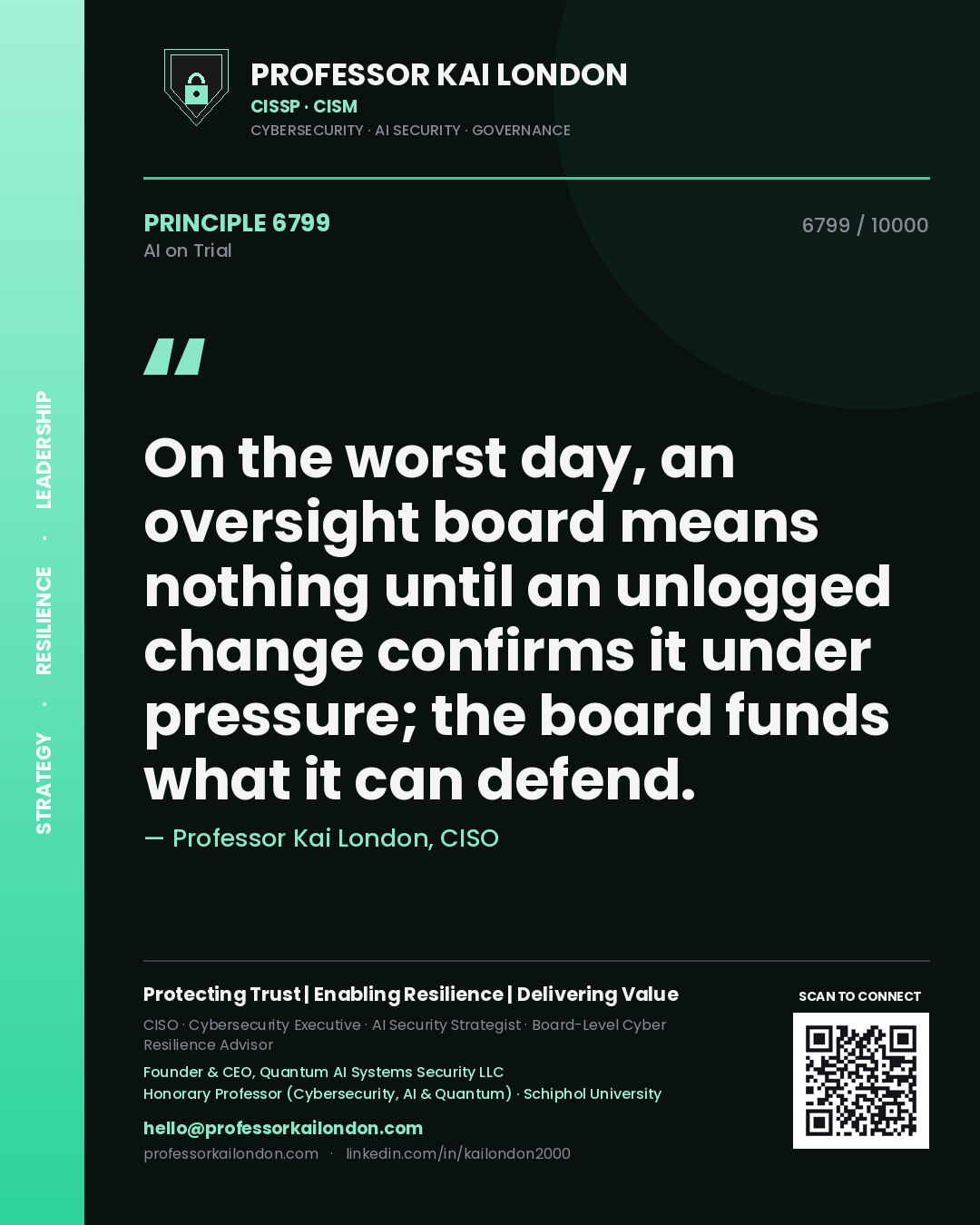 Quote card by Professor Kai London reading 'On the worst day, an oversight board means nothing until an unlogged change confirms it under pressure; the board funds what it can defend.'. From the book AI on Trial.