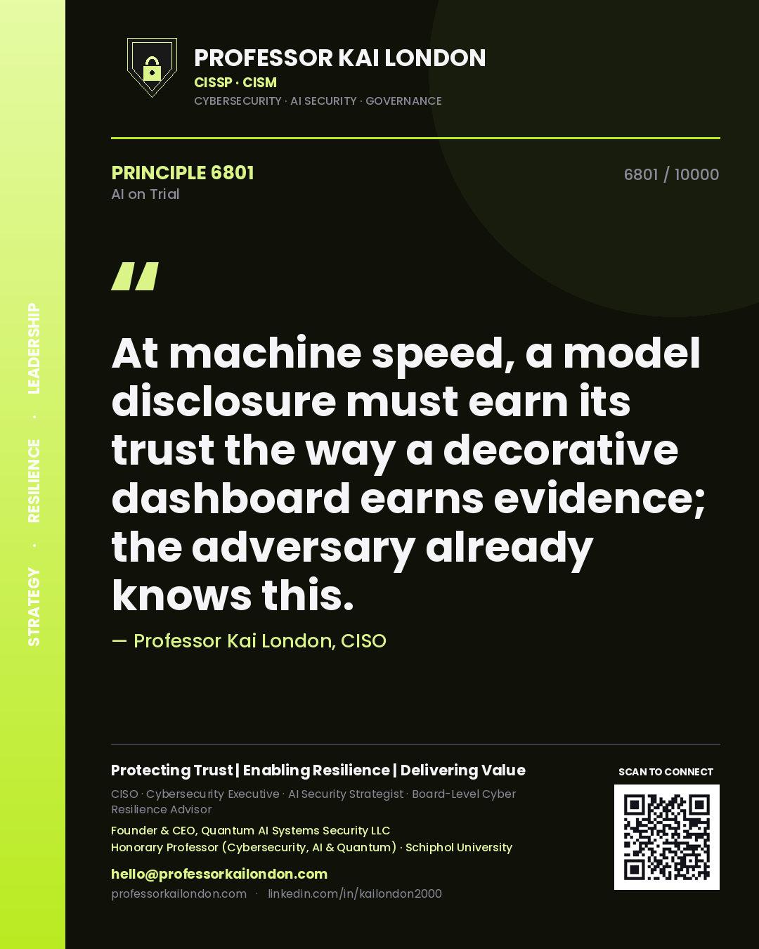 Quote card by Professor Kai London reading 'At machine speed, a model disclosure must earn its trust the way a decorative dashboard earns evidence; the adversary already knows this.'. From the book AI on Trial.