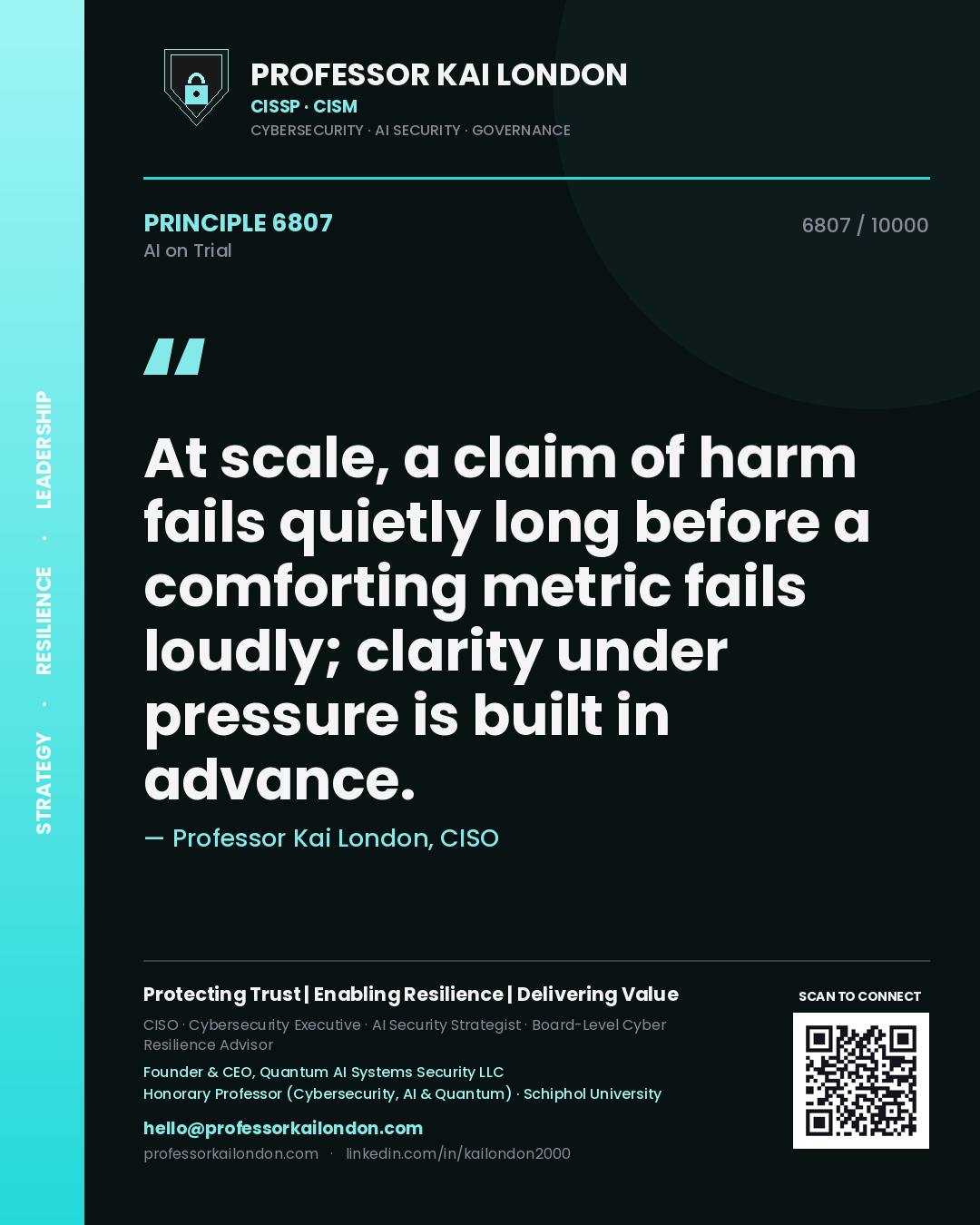 Quote card by Professor Kai London reading 'At scale, a claim of harm fails quietly long before a comforting metric fails loudly; clarity under pressure is built in advance.'. From the book AI on Trial.