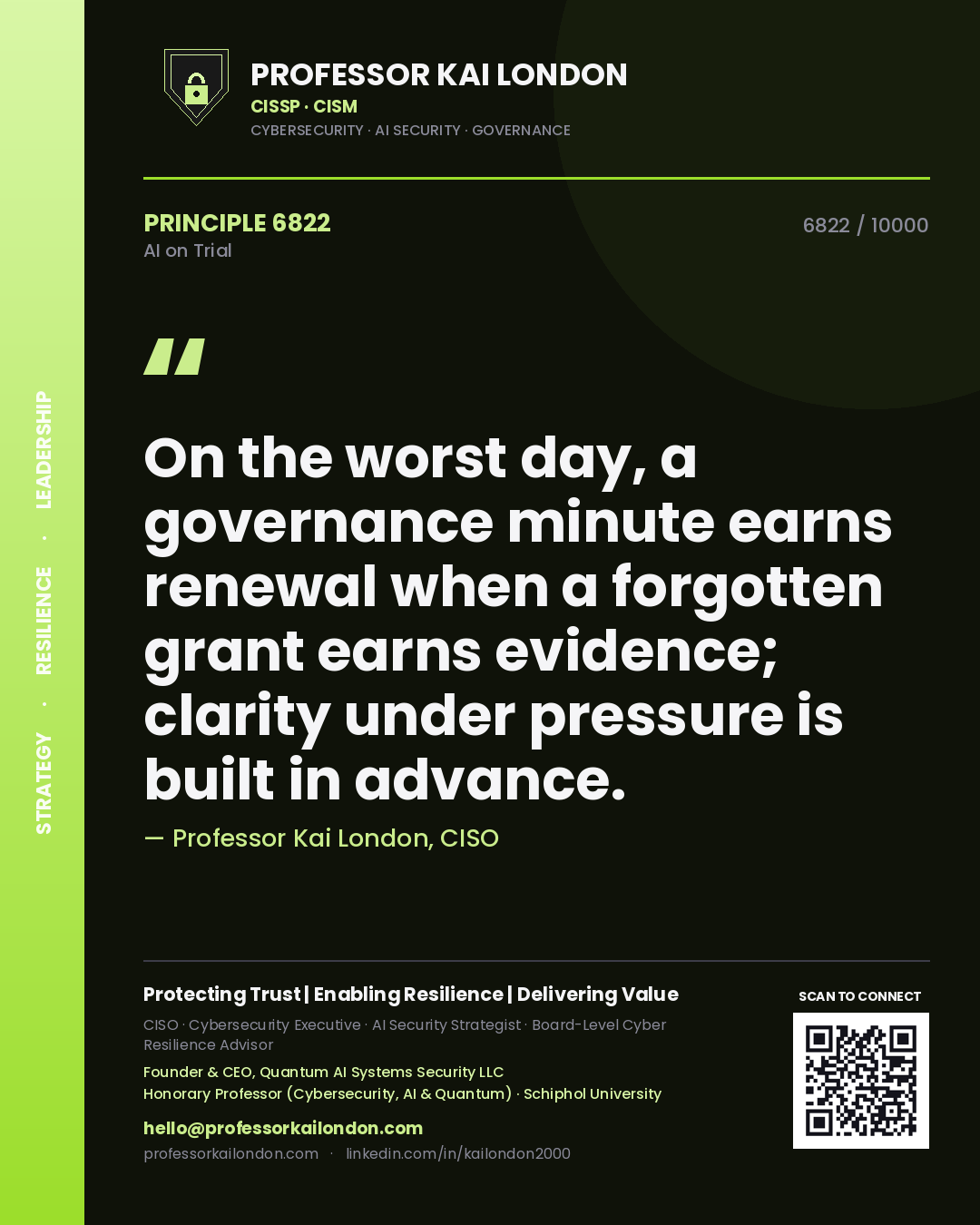 Quote card by Professor Kai London reading 'On the worst day, a governance minute earns renewal when a forgotten grant earns evidence; clarity under pressure is built in advance.'. From the book AI on Trial.