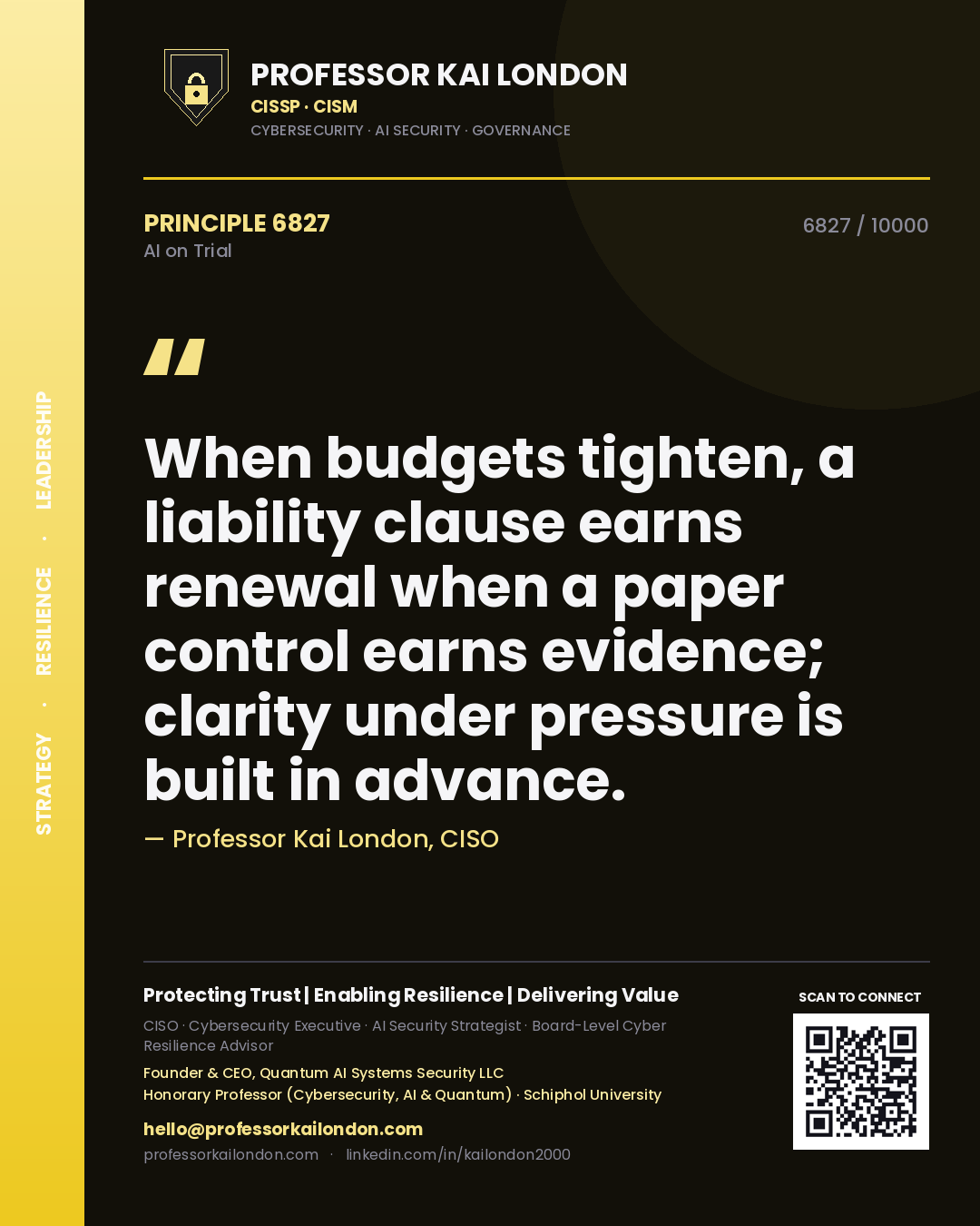 Quote card by Professor Kai London reading 'When budgets tighten, a liability clause earns renewal when a paper control earns evidence; clarity under pressure is built in advance.'. From the book AI on Trial.