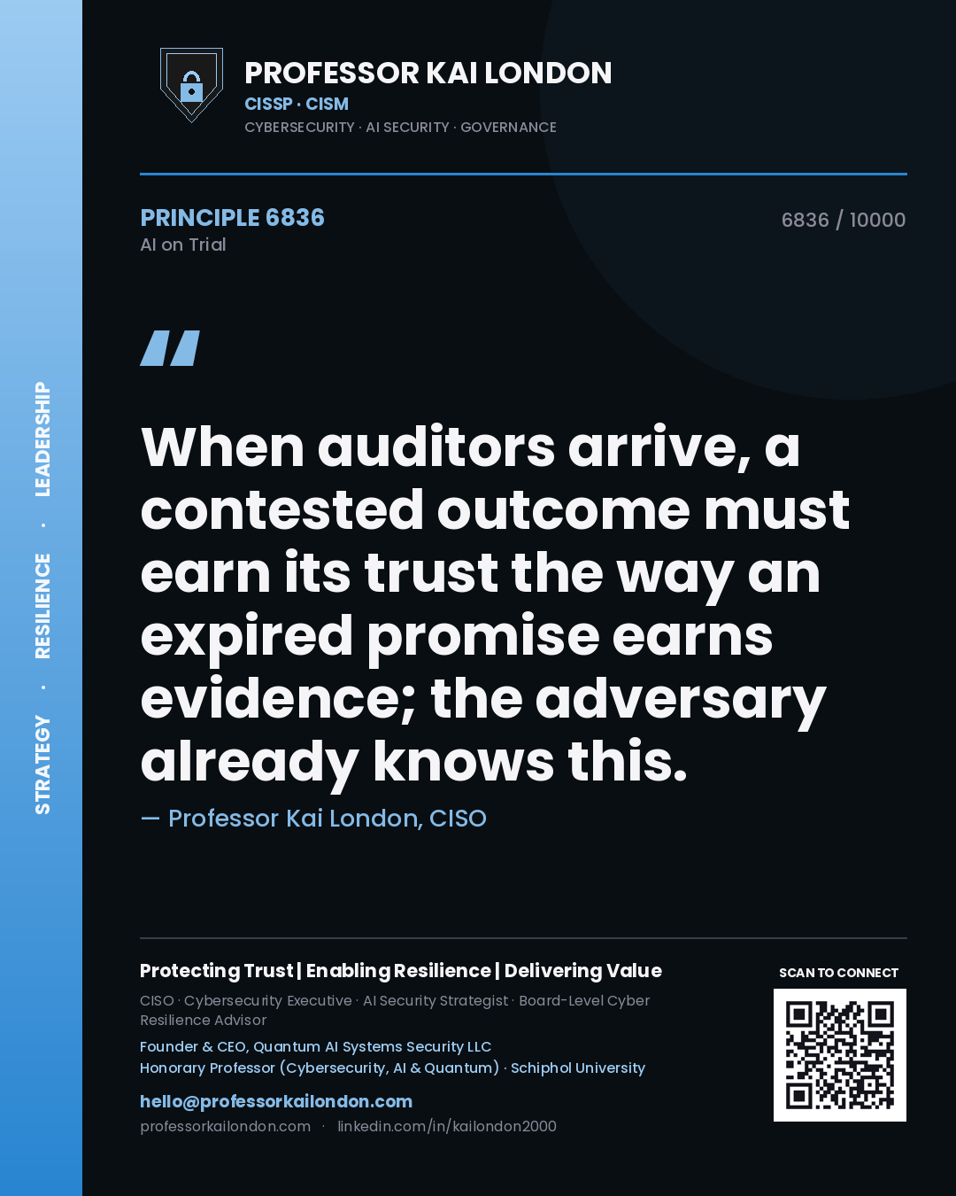 Professor Kai London principle 6836: When auditors arrive, a contested outcome must earn its trust the way an expired promise earns evidence; the adversary already knows this.