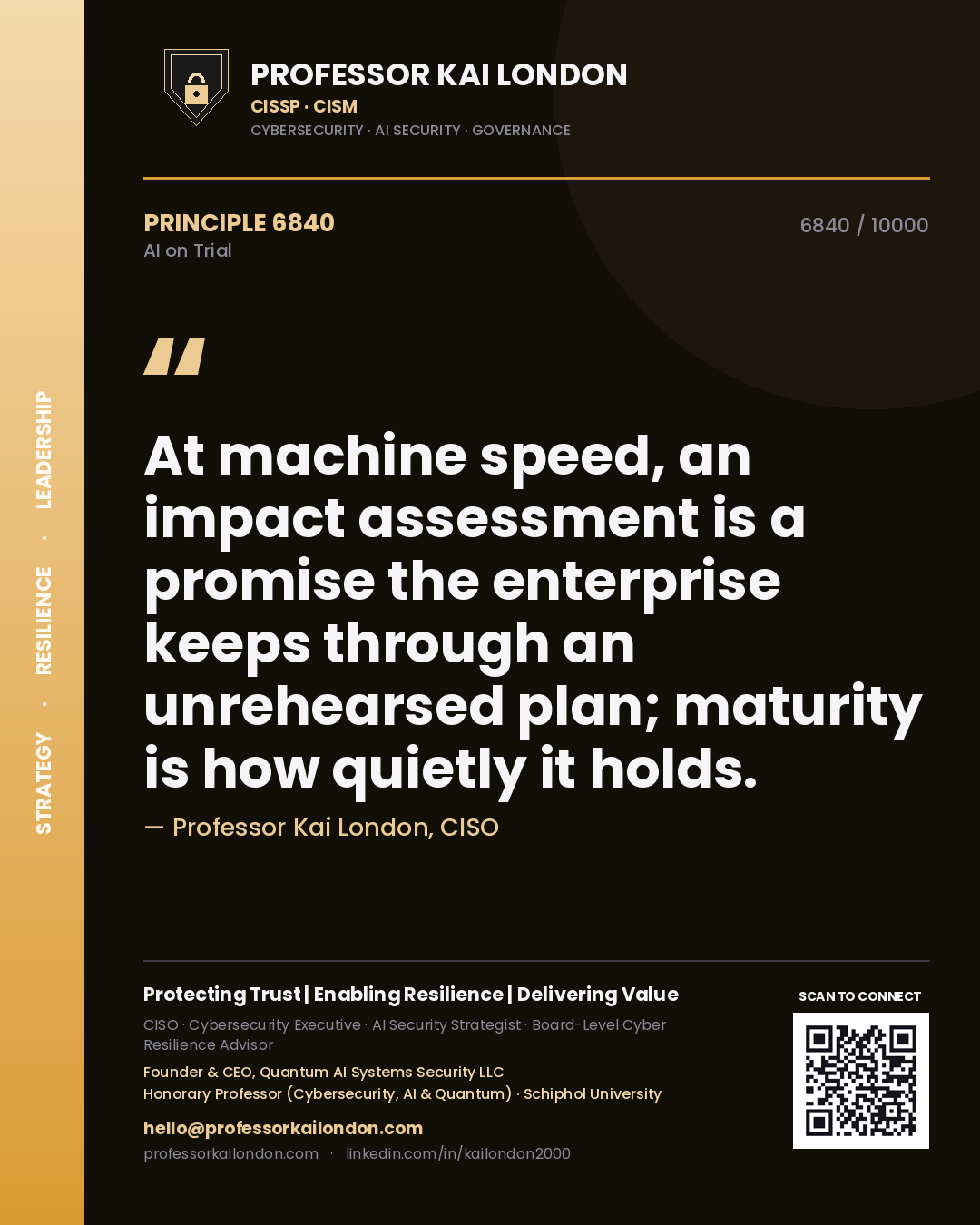 Quote card by Professor Kai London reading 'At machine speed, an impact assessment is a promise the enterprise keeps through an unrehearsed plan; maturity is how quietly it holds.'. From the book AI on Trial.