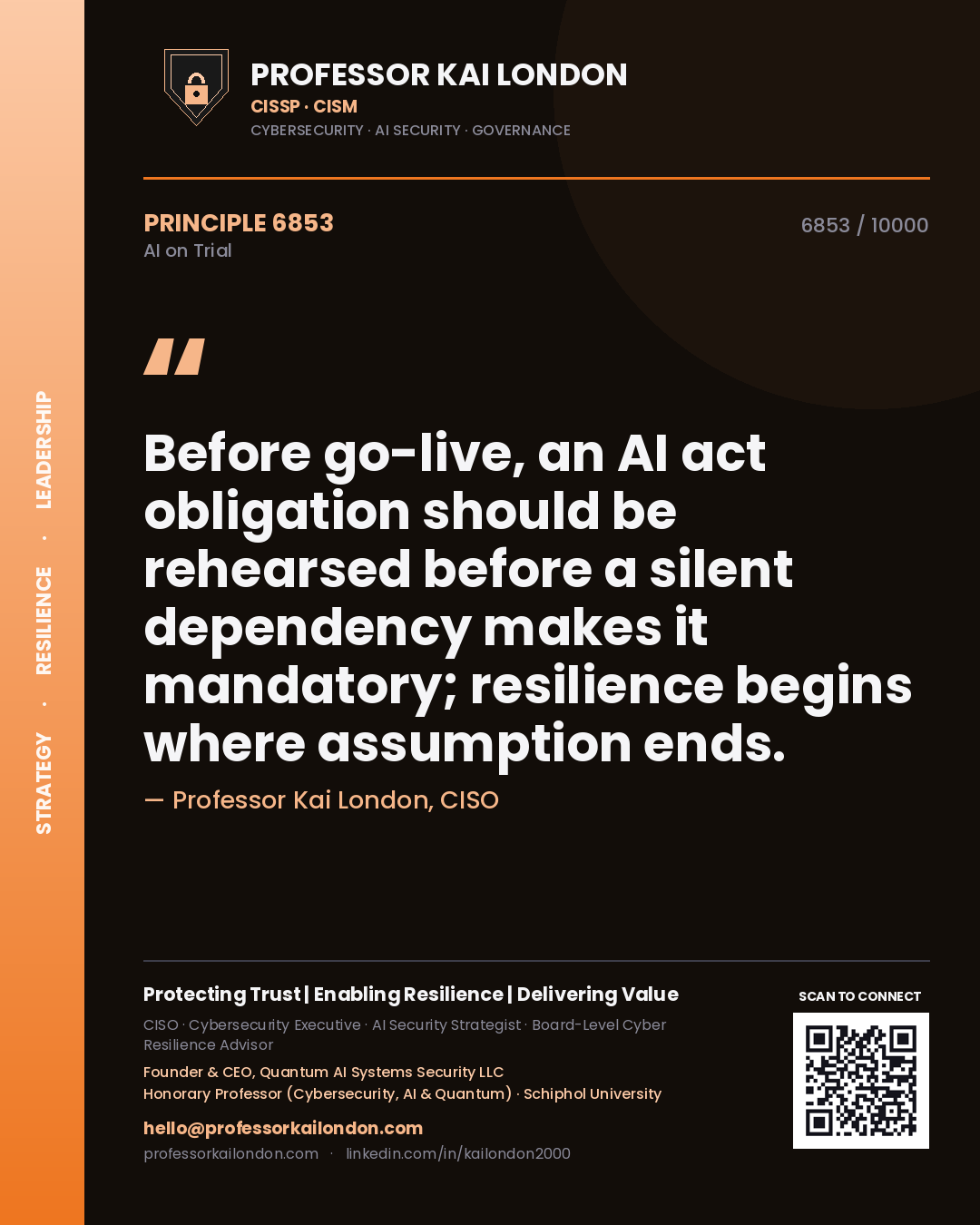 Quote card by Professor Kai London reading 'Before go-live, an AI act obligation should be rehearsed before a silent dependency makes it mandatory; resilience begins where assumption ends.'. From the book AI on Trial.