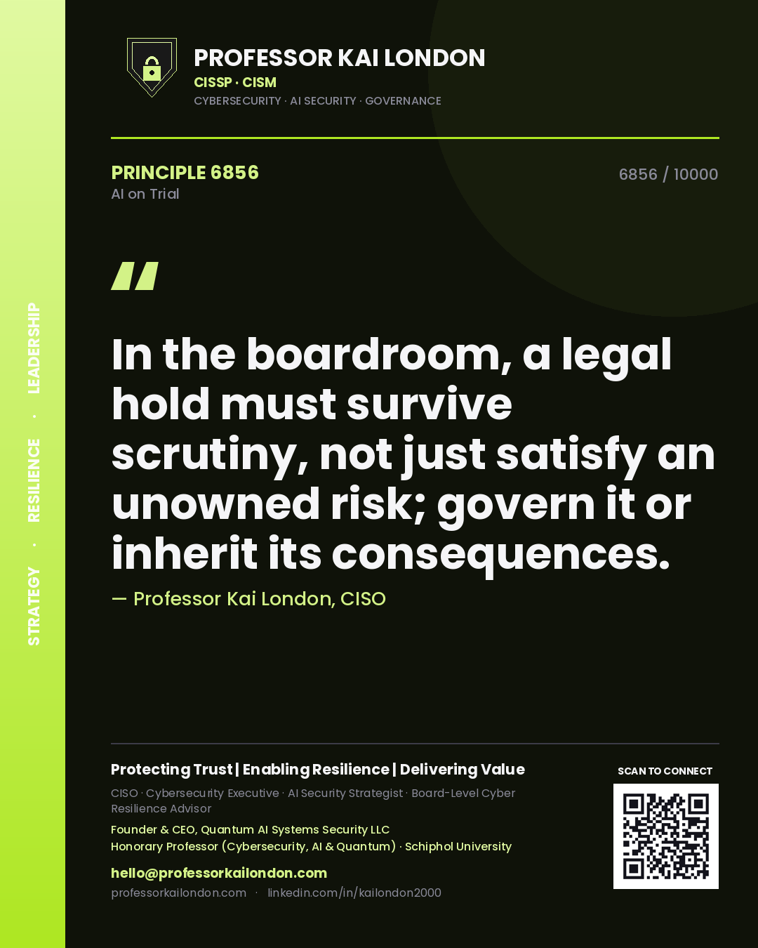 Quote card by Professor Kai London reading 'In the boardroom, a legal hold must survive scrutiny, not just satisfy an unowned risk; govern it or inherit its consequences.'. From the book AI on Trial.