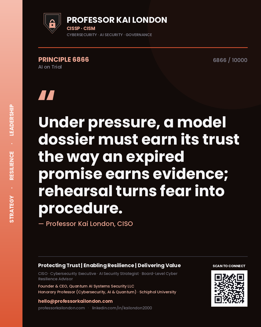 Quote card by Professor Kai London reading 'Under pressure, a model dossier must earn its trust the way an expired promise earns evidence; rehearsal turns fear into procedure.'. From the book AI on Trial.
