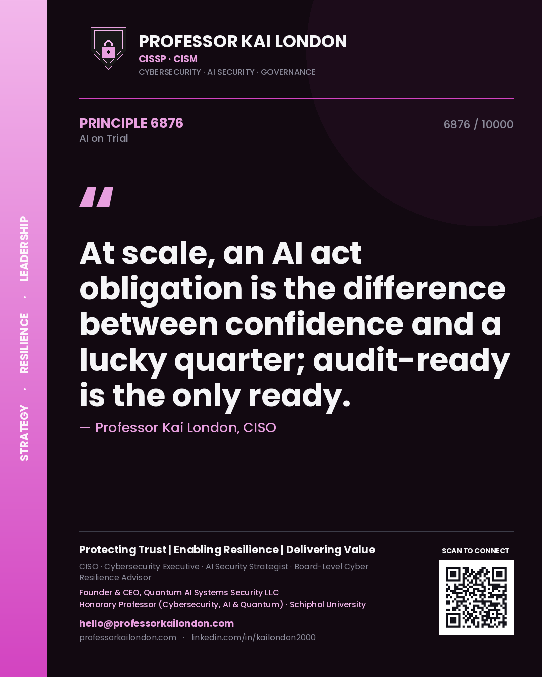 Quote card by Professor Kai London reading 'At scale, an AI act obligation is the difference between confidence and a lucky quarter; audit-ready is the only ready.'. From the book AI on Trial.
