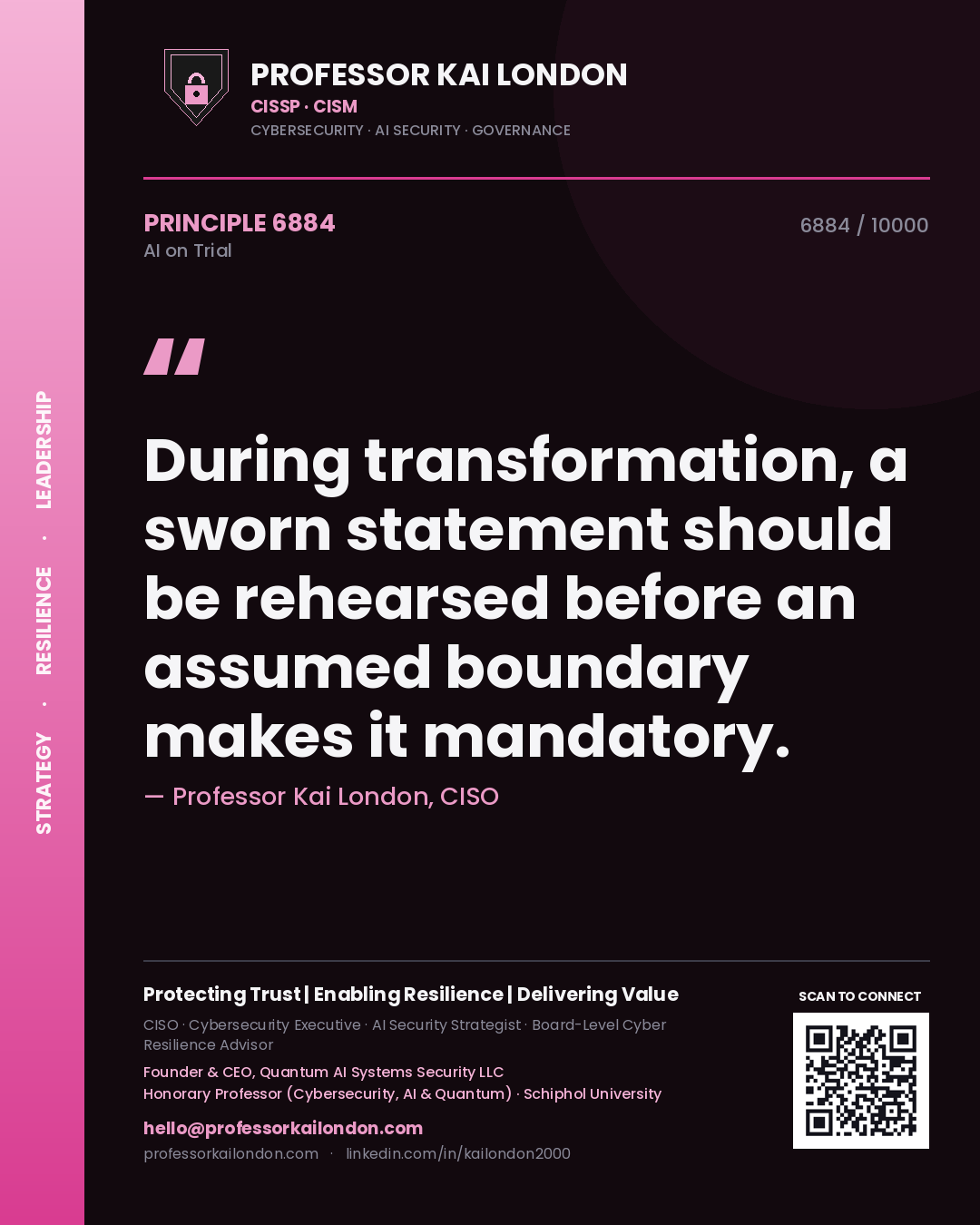 Quote card by Professor Kai London reading 'During transformation, a sworn statement should be rehearsed before an assumed boundary makes it mandatory.'. From the book AI on Trial.
