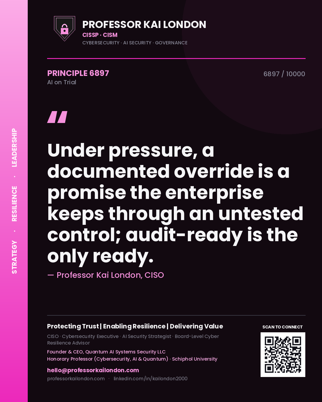 Quote card by Professor Kai London reading 'Under pressure, a documented override is a promise the enterprise keeps through an untested control; audit-ready is the only ready.'. From the book AI on Trial.