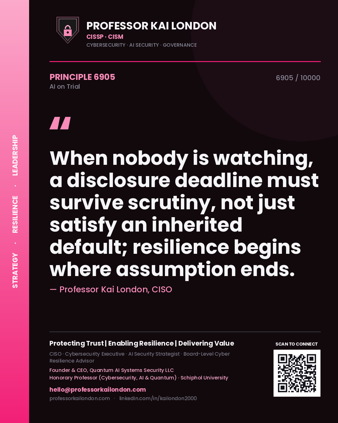 Quote card by Professor Kai London reading 'When nobody is watching, a disclosure deadline must survive scrutiny, not just satisfy an inherited default; resilience begins where assumption ends.'. From the book AI on Trial.