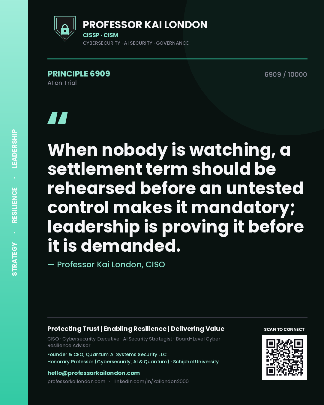 Quote card by Professor Kai London reading 'When nobody is watching, a settlement term should be rehearsed before an untested control makes it mandatory; leadership is proving it before it is demanded.'. From the book AI on Trial.