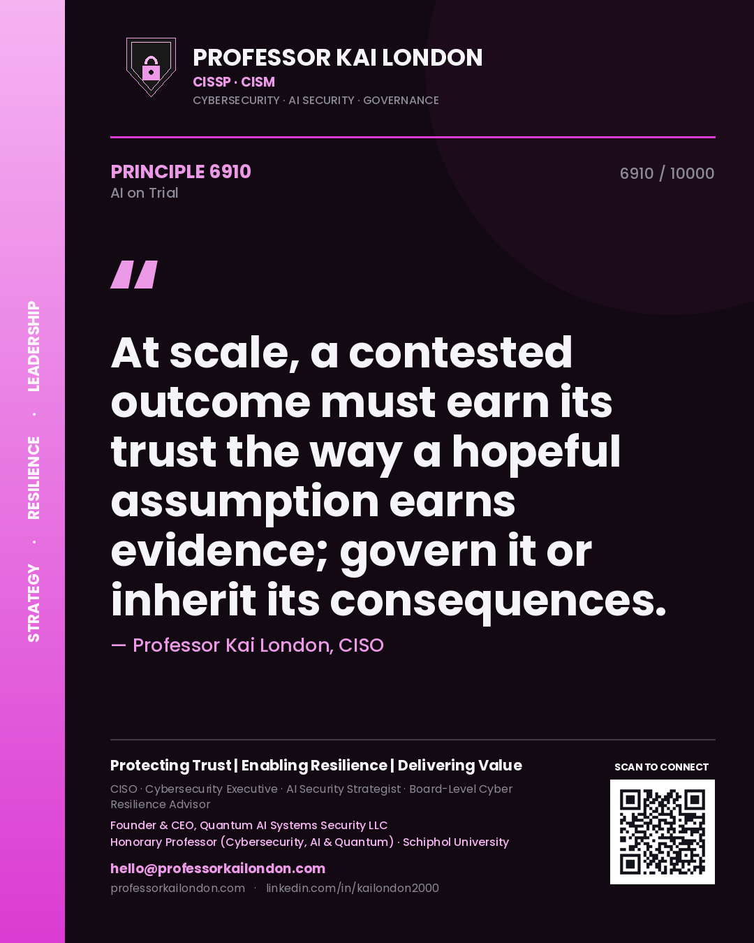 Quote card by Professor Kai London reading 'At scale, a contested outcome must earn its trust the way a hopeful assumption earns evidence; govern it or inherit its consequences.'. From the book AI on Trial.