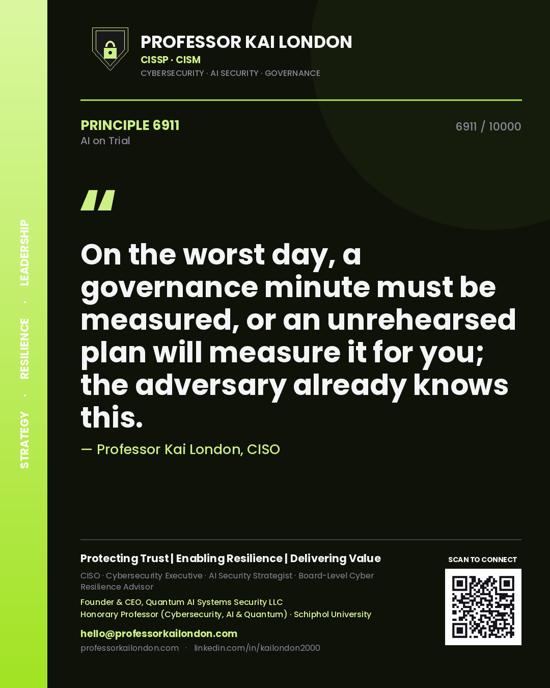 Quote card by Professor Kai London reading 'On the worst day, a governance minute must be measured, or an unrehearsed plan will measure it for you; the adversary already knows this.'. From the book AI on Trial.