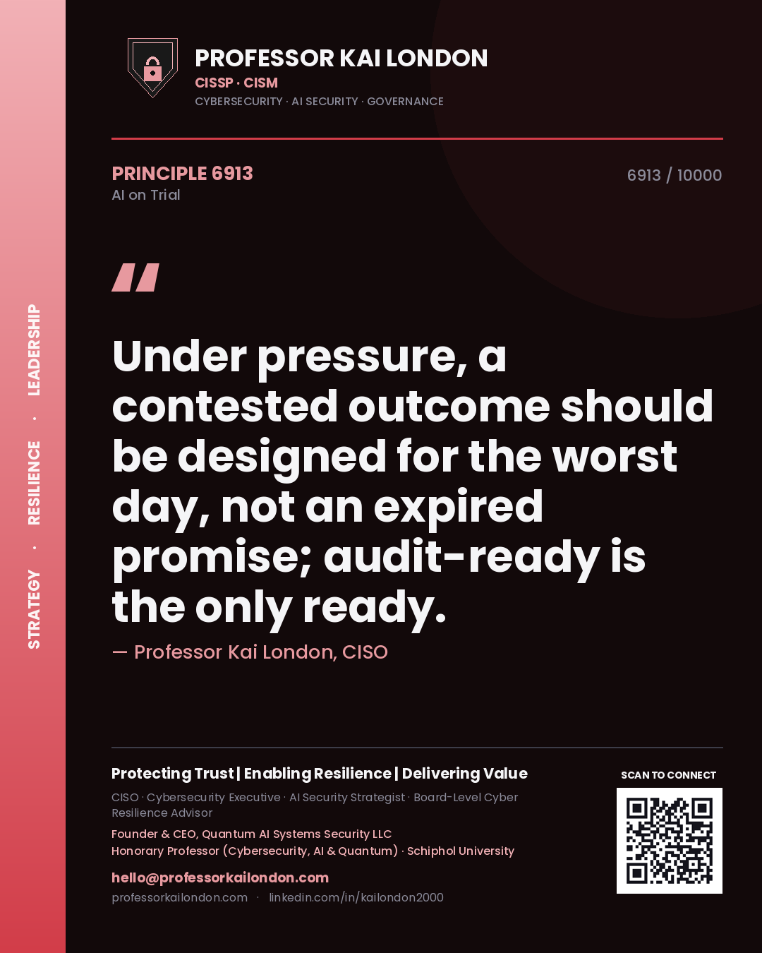 Quote card by Professor Kai London reading 'Under pressure, a contested outcome should be designed for the worst day, not an expired promise; audit-ready is the only ready.'. From the book AI on Trial.