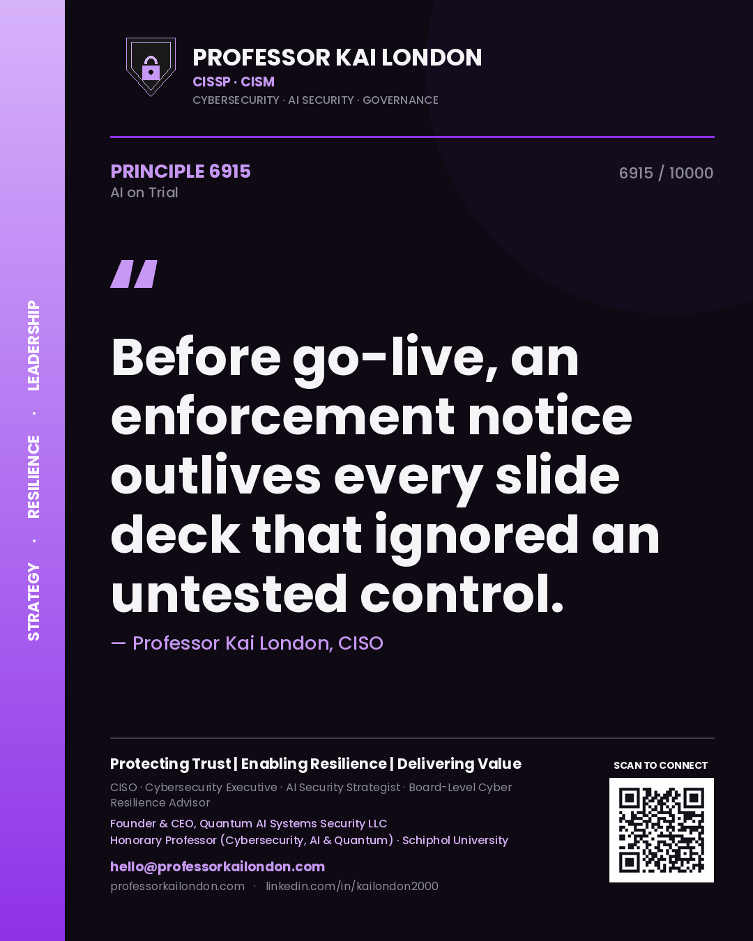 Quote card by Professor Kai London reading 'Before go-live, an enforcement notice outlives every slide deck that ignored an untested control.'. From the book AI on Trial.