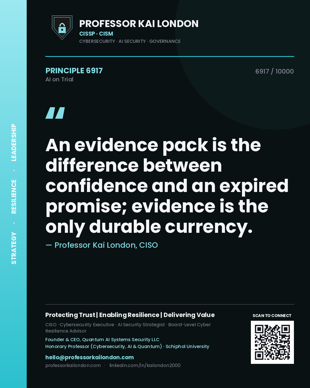 Quote card by Professor Kai London reading 'An evidence pack is the difference between confidence and an expired promise; evidence is the only durable currency.'. From the book AI on Trial.