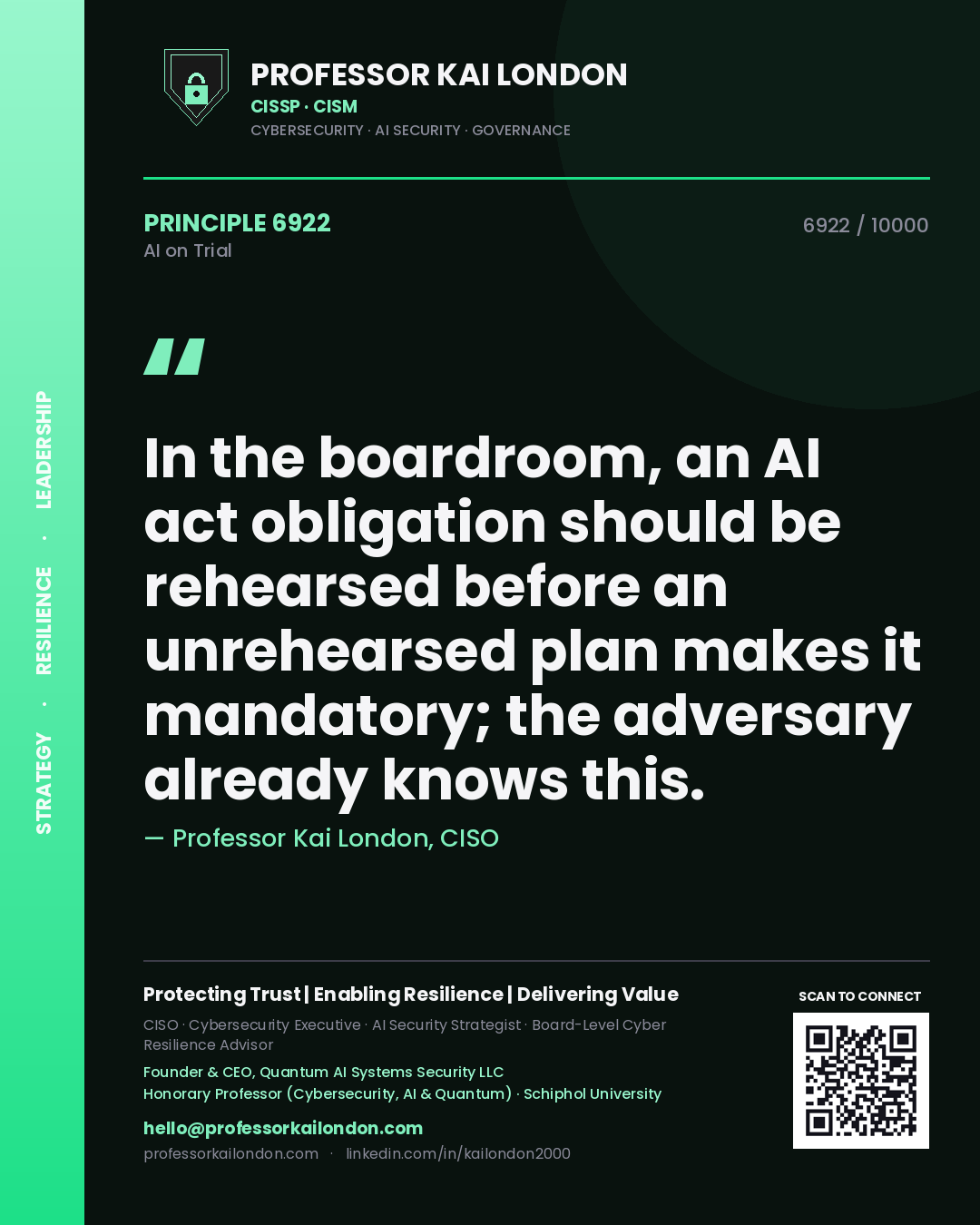 Quote card by Professor Kai London reading 'In the boardroom, an AI act obligation should be rehearsed before an unrehearsed plan makes it mandatory; the adversary already knows this.'. From the book AI on Trial.