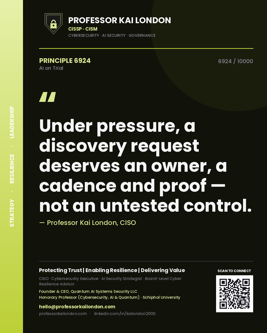 Quote card by Professor Kai London reading 'Under pressure, a discovery request deserves an owner, a cadence and proof — not an untested control.'. From the book AI on Trial.