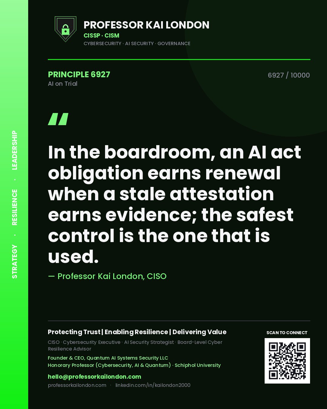 Quote card by Professor Kai London reading 'In the boardroom, an AI act obligation earns renewal when a stale attestation earns evidence; the safest control is the one that is used.'. From the book AI on Trial.