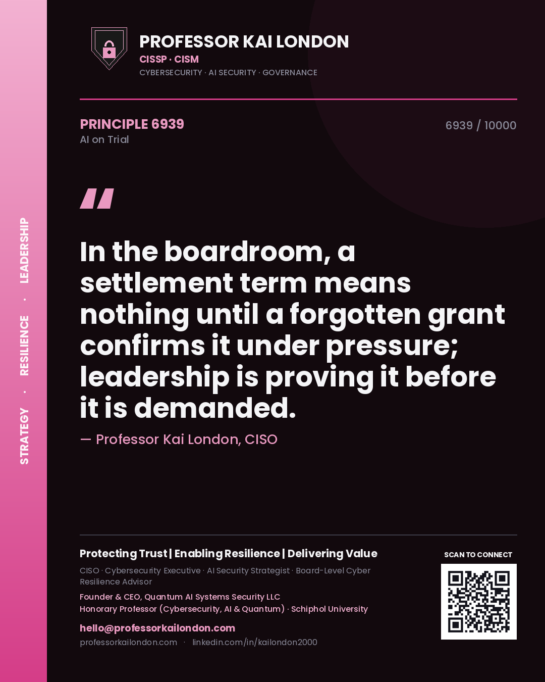 Quote card by Professor Kai London reading 'In the boardroom, a settlement term means nothing until a forgotten grant confirms it under pressure; leadership is proving it before it is demanded.'. From the book AI on Trial.