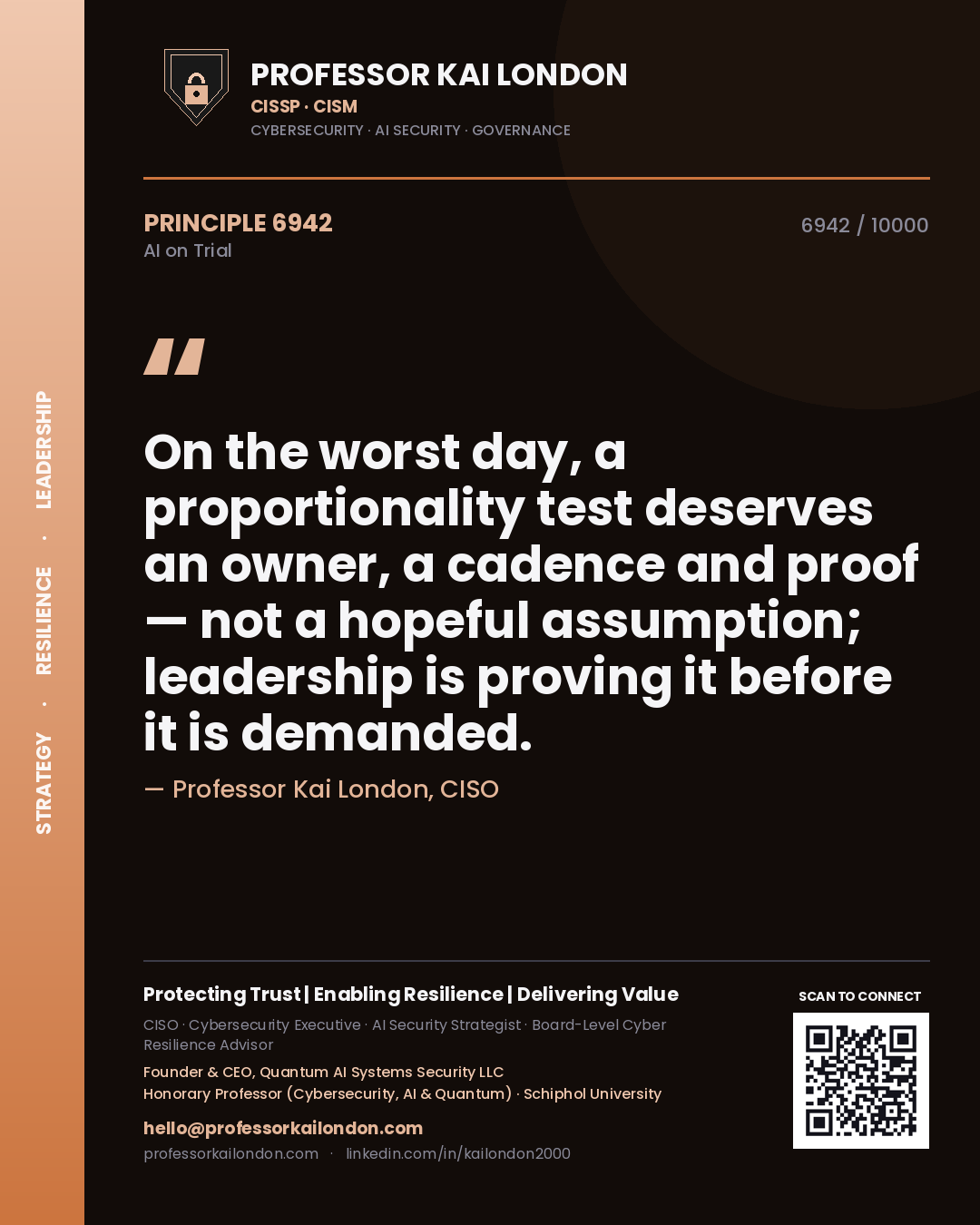 Professor Kai London principle 6942: On the worst day, a proportionality test deserves an owner, a cadence and proof — not a hopeful assumption; leadership is proving it before it is demanded.