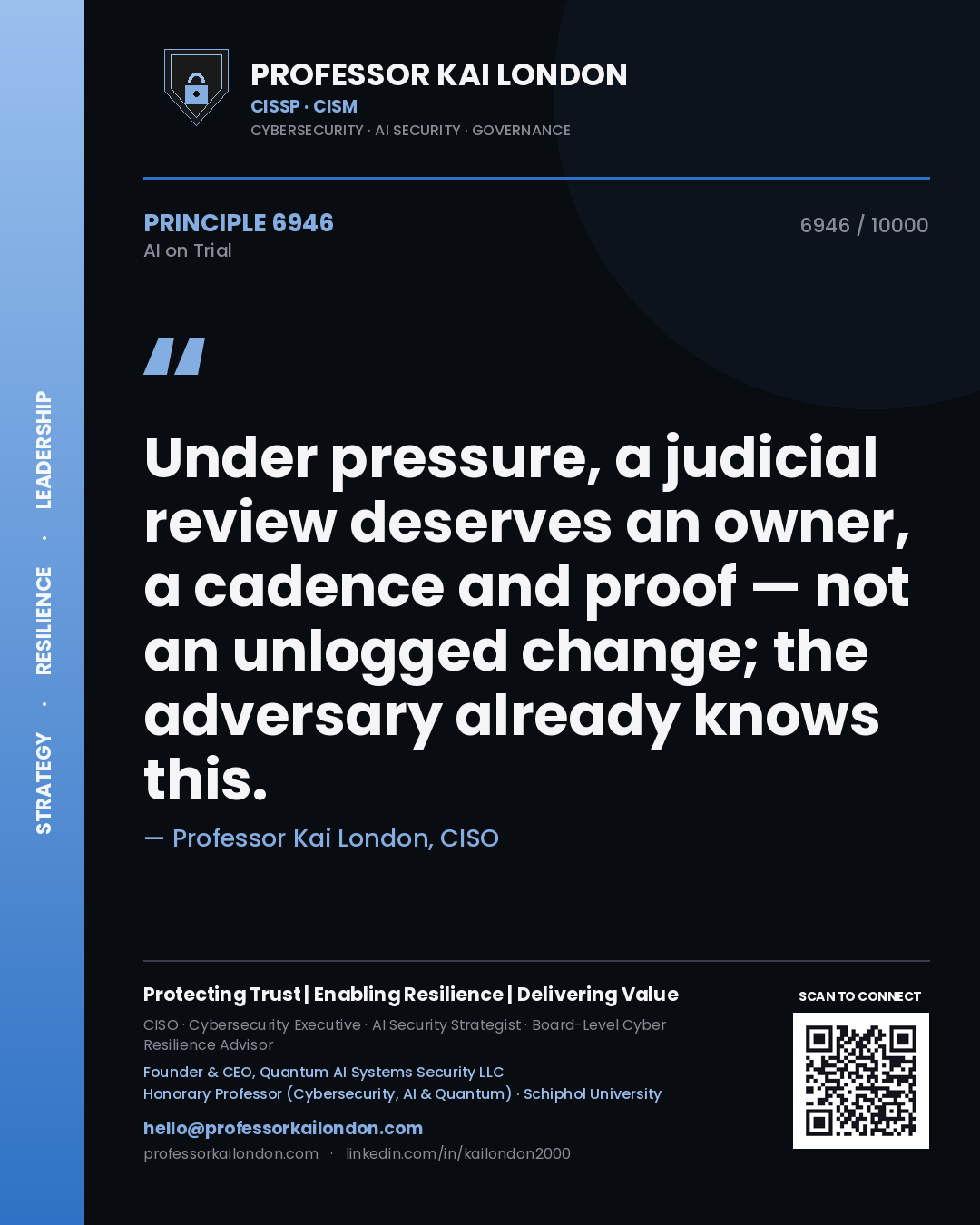 Professor Kai London principle 6946: Under pressure, a judicial review deserves an owner, a cadence and proof — not an unlogged change; the adversary already knows this.