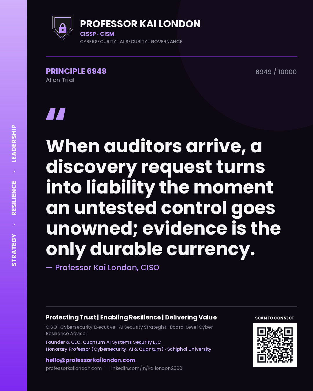 Quote card by Professor Kai London reading 'When auditors arrive, a discovery request turns into liability the moment an untested control goes unowned; evidence is the only durable currency.'. From the book AI on Trial.