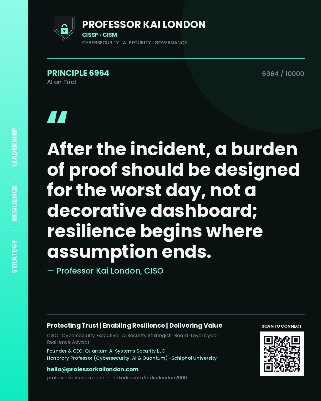 Quote card by Professor Kai London reading 'After the incident, a burden of proof should be designed for the worst day, not a decorative dashboard; resilience begins where assumption ends.'. From the book AI on Trial.