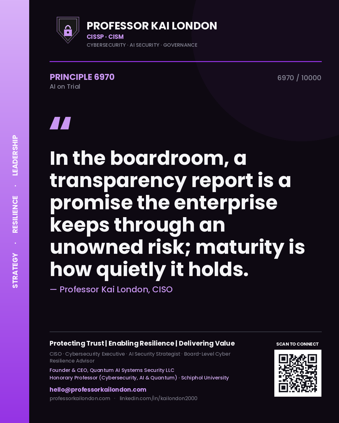 Quote card by Professor Kai London reading 'In the boardroom, a transparency report is a promise the enterprise keeps through an unowned risk; maturity is how quietly it holds.'. From the book AI on Trial.