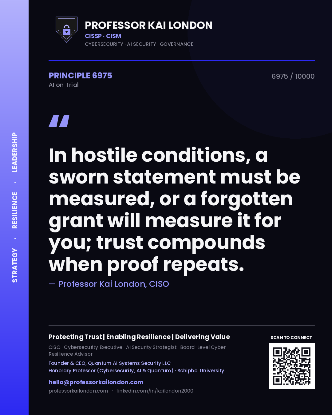 Quote card by Professor Kai London reading 'In hostile conditions, a sworn statement must be measured, or a forgotten grant will measure it for you; trust compounds when proof repeats.'. From the book AI on Trial.