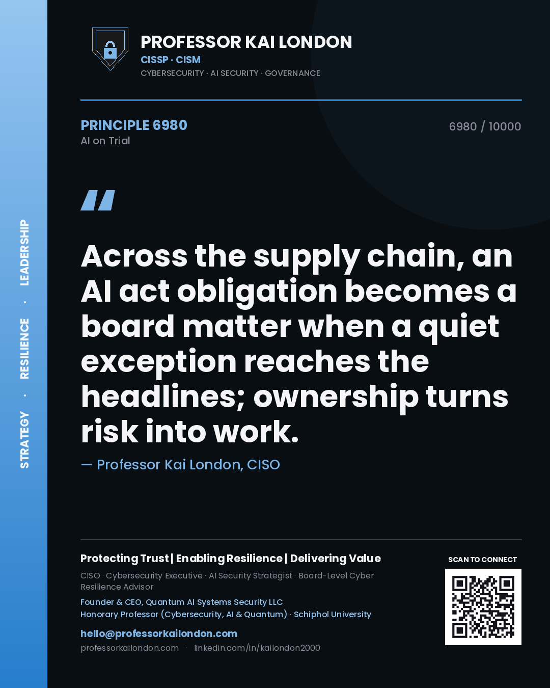 Quote card by Professor Kai London reading 'Across the supply chain, an AI act obligation becomes a board matter when a quiet exception reaches the headlines; ownership turns risk into work.'. From the book AI on Trial.