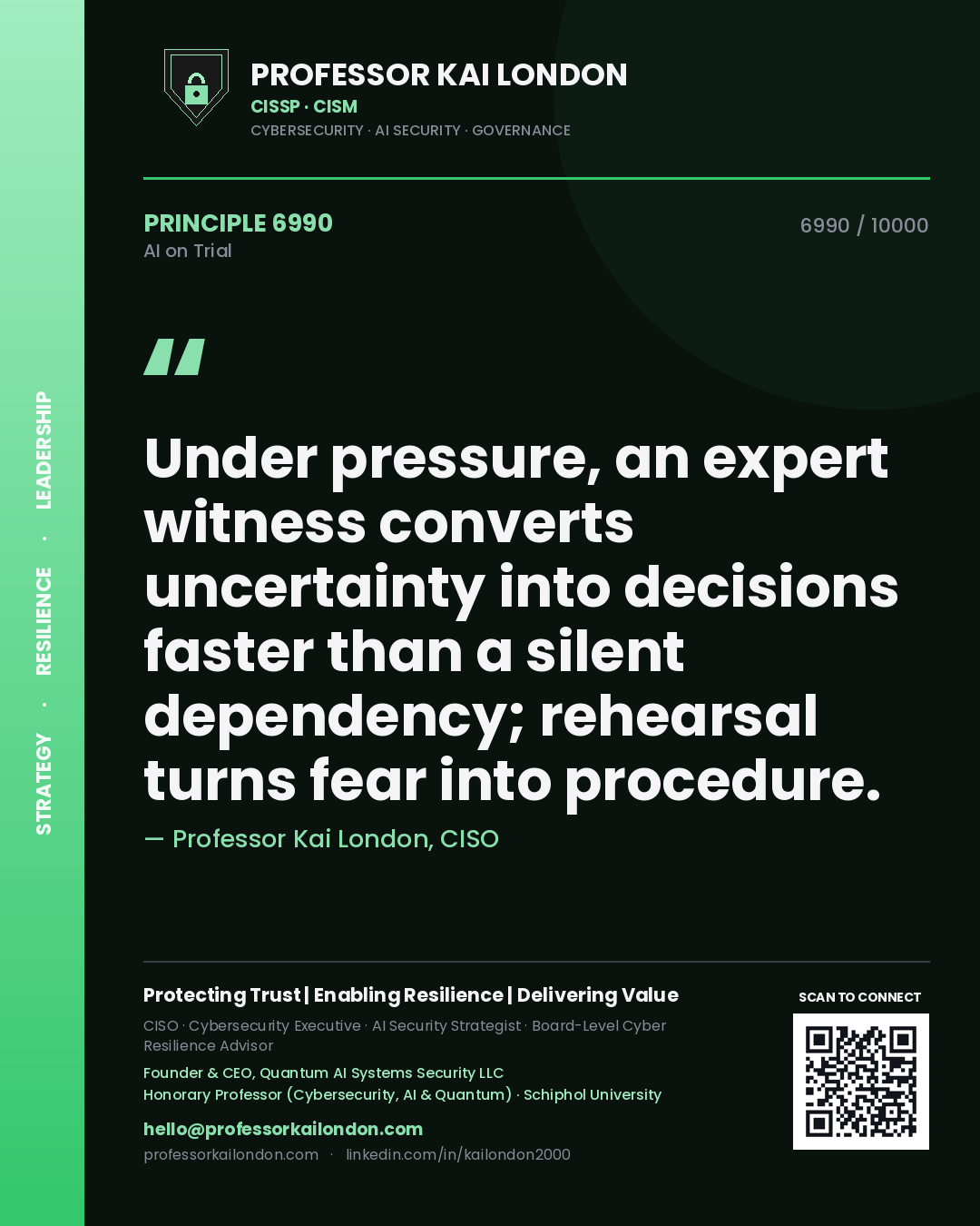 Quote card by Professor Kai London reading 'Under pressure, an expert witness converts uncertainty into decisions faster than a silent dependency; rehearsal turns fear into procedure.'. From the book AI on Trial.