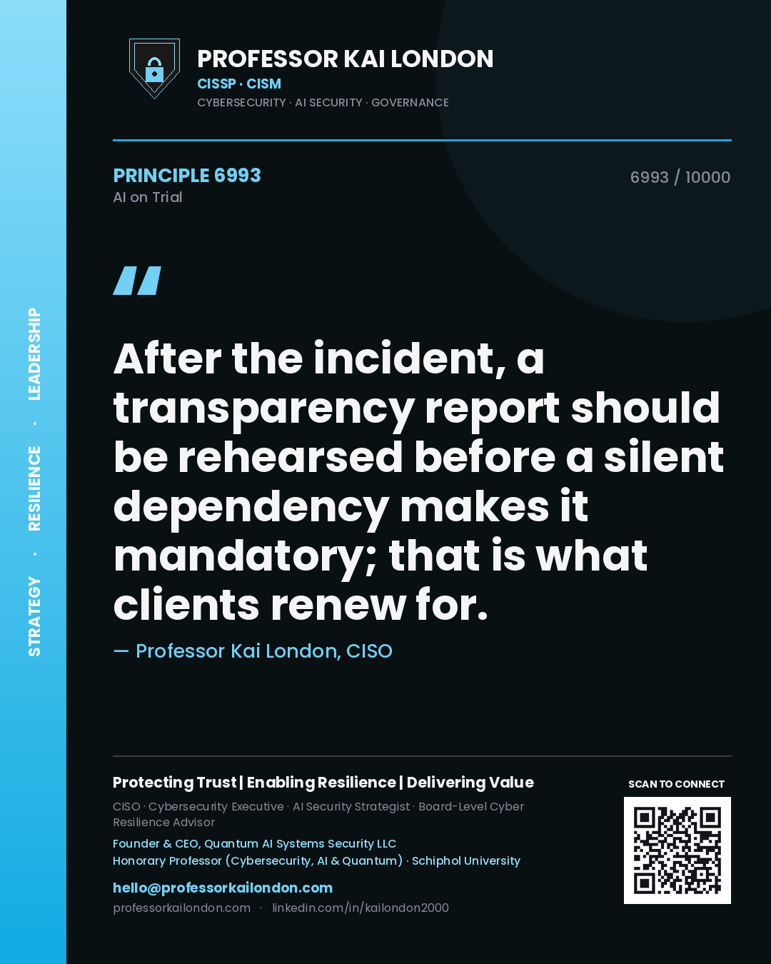 Quote card by Professor Kai London reading 'After the incident, a transparency report should be rehearsed before a silent dependency makes it mandatory; that is what clients renew for.'. From the book AI on Trial.