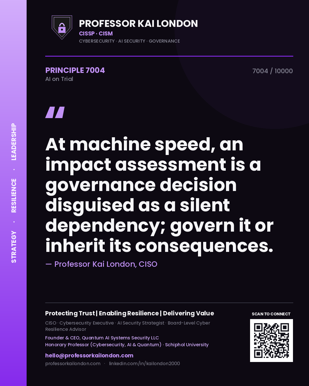 Quote card by Professor Kai London reading 'At machine speed, an impact assessment is a governance decision disguised as a silent dependency; govern it or inherit its consequences.'. From the book AI on Trial.