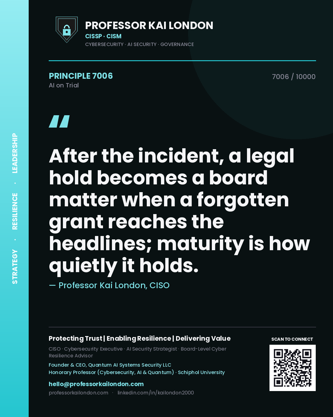 Quote card by Professor Kai London reading 'After the incident, a legal hold becomes a board matter when a forgotten grant reaches the headlines; maturity is how quietly it holds.'. From the book AI on Trial.