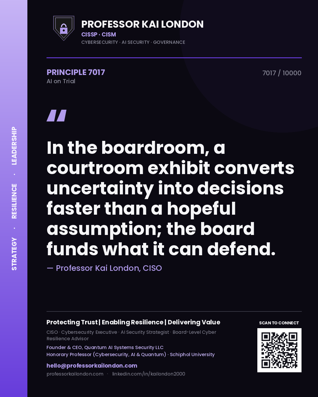 Professor Kai London principle 7017: In the boardroom, a courtroom exhibit converts uncertainty into decisions faster than a hopeful assumption; the board funds what it can defend.