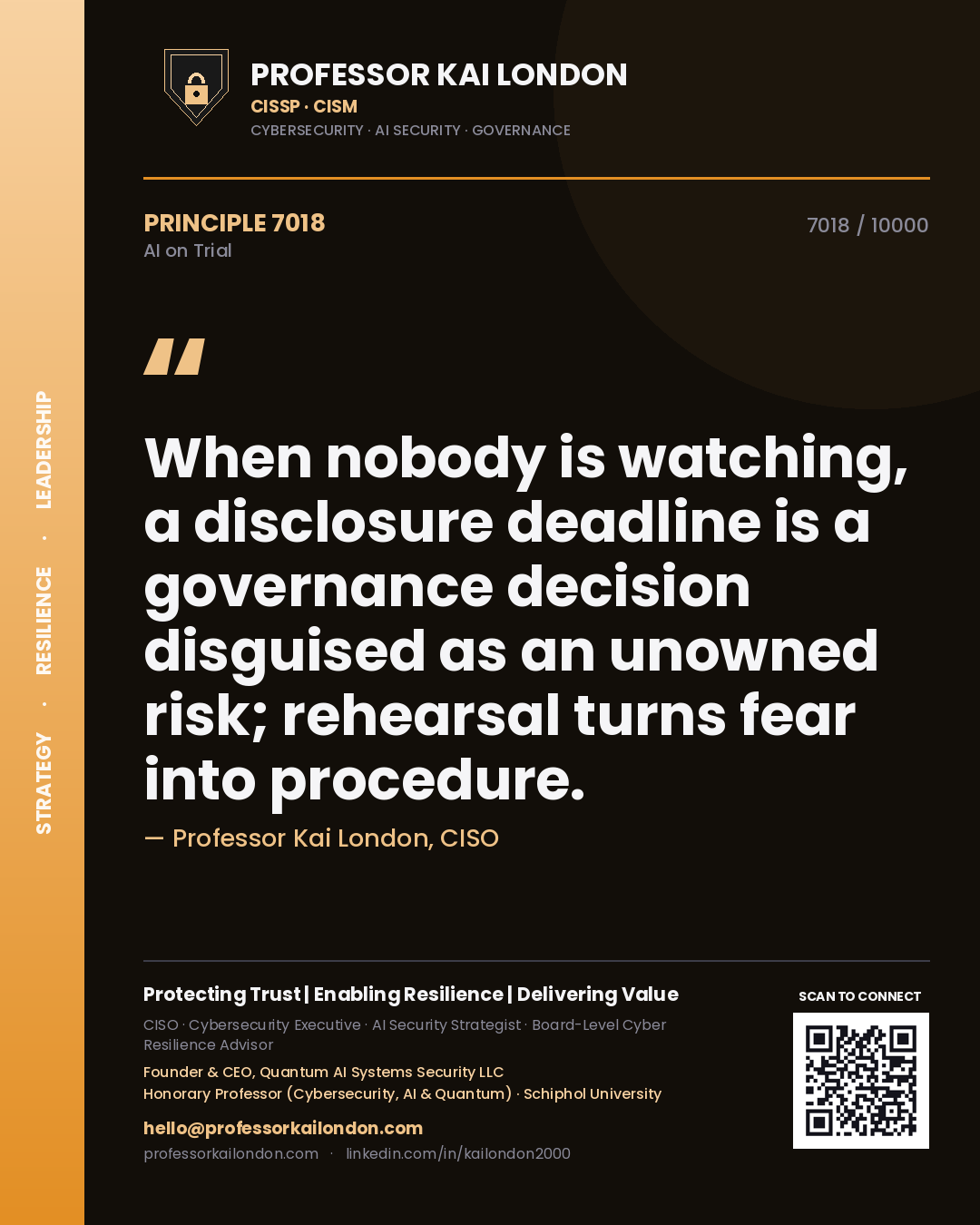 Quote card by Professor Kai London reading 'When nobody is watching, a disclosure deadline is a governance decision disguised as an unowned risk; rehearsal turns fear into procedure.'. From the book AI on Trial.